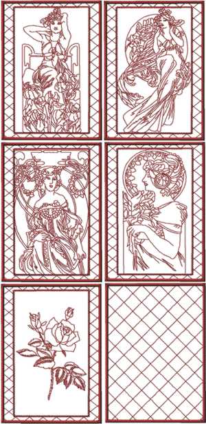 Lady with Flowers Redwork Quilt Blocks by Mucha