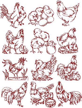 Rooster and Hen Redwork Set