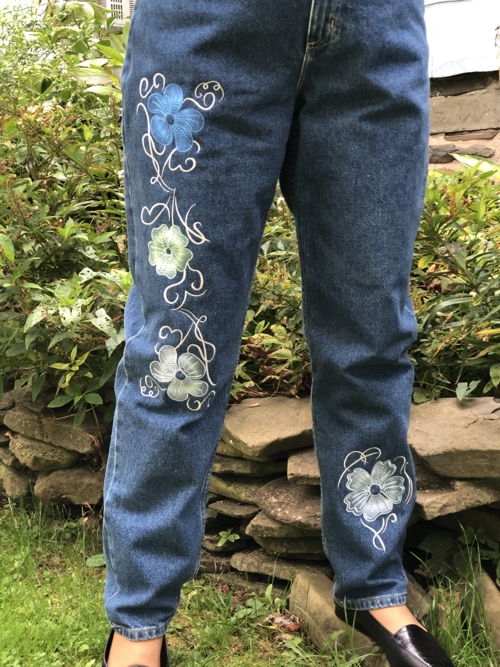 Jeans embroidered with the designs from Swirls and Flowers Set
