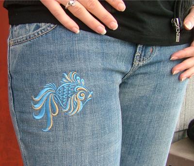 embroidery designs for jeans. The embroidery looks nice on clothes too! Here is a pair of jeans 