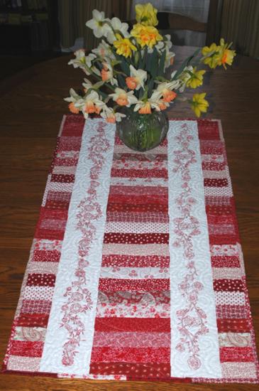 Quilted Scrap Tablerunner with Redwork Embroidery image 1