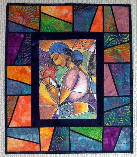 Stained-Glass Girl with Lotus Quilted Wall Hanging image 1