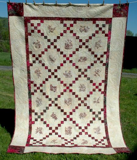 Single Irish Chain Bed Quilt with Rose Redwork Embroidery image 1