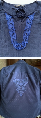 2 navy blue shirts with Celtic embroidery