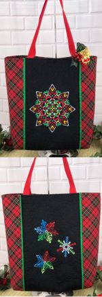 Quilted tote bag with Christmas-themed embroidery , the front and the back view.