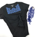 A black T-shirt with blue cutwork embroidery