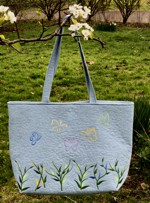 Quilted Denim tote bag with grass and butterfly embroidery