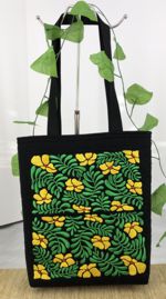 Black tote tag with Floral embroidery in gold threads.