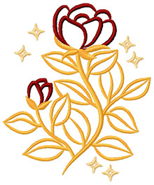 Airy embroidery design of a rose flower with leaves.