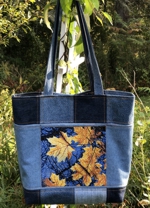 Denim Tote Bag with Fall Leaves Embroidery