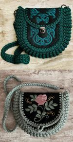 2 bags with embroidered front panels and crochet sides