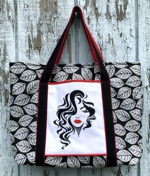 Tote Bag with a picture of a yaong lady on a pocket