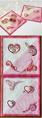 Quilted pinkand-white mug rugs with heart embroidery
