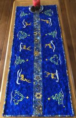 Royal blue tablerunner with deer and Christmas tree embroidery