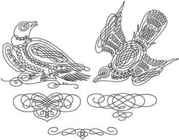 Calligraphy Birds Redwork Set