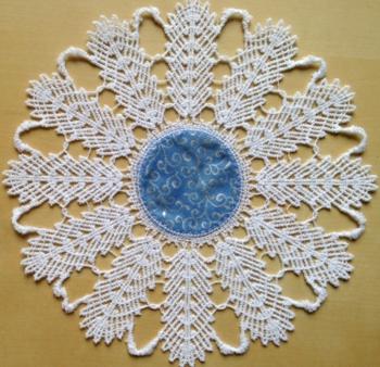 Freestanding Bobbin Lace Feather Doily with Fabric Insert