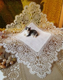 Freestanding Bobbin Lace Doily with Fabric Center