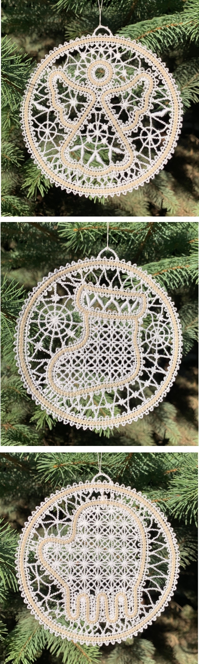 Freestanding Battenberg Lace Christmas Ornament Set