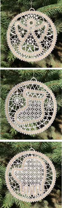 Freestanding Battenberg Lace Christmas Ornament Set of 3 Machine Embroidery Designs