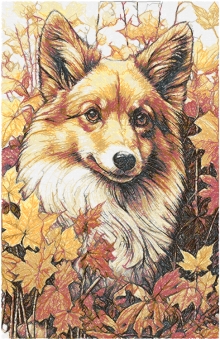 Autumn Corgi Machine Embroidery Design in Photo Stitch Technique