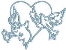 One-color outline of 2 doves and a heart.