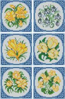 6 blue coasters with yellow spring flowers