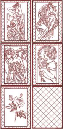 Lady with Flowers Redwork Quilt Blocks by Mucha