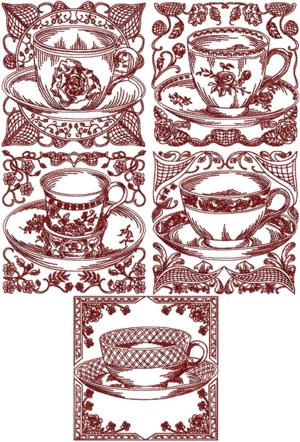 Redwork Tea Cup Set I