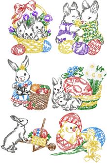 Bunnies, eggs , baskets and flowers