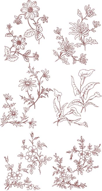 Summer Flowers Panels and Corners Redwork Set