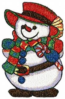 Snowman in a red hat and green-and-red scarf. Machine embroidery design