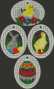 4 freestanding designs in an egg shape with Easter motifs in the center