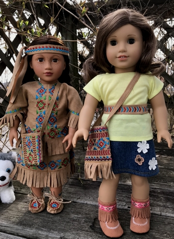Native American Inspired Accessories for 18 inch Dolls: Bag, Two Belts and Moccasins