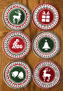 Retro Christmas Coasters In-the-Hoop (ITH) Set of 6 Machine Embroidery Designs