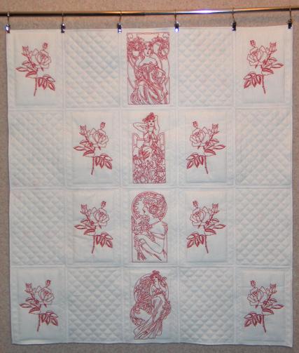 Lady with Flowers Redwork Quilt Blocks image 1