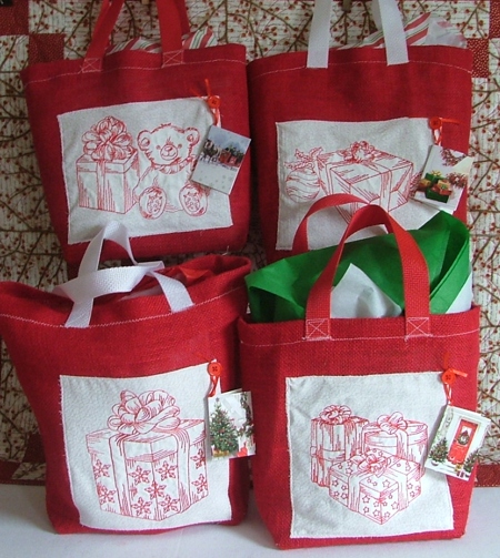 Holiday Gift Bags with Redwork Embroidery image 1