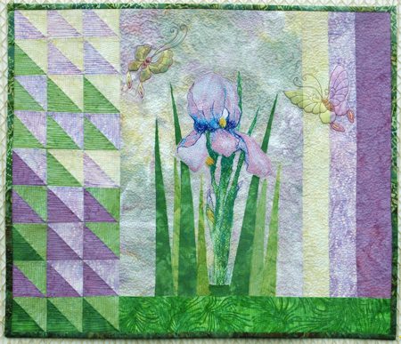 Art Quilt with Iris and Butterfly Embroidery image 1