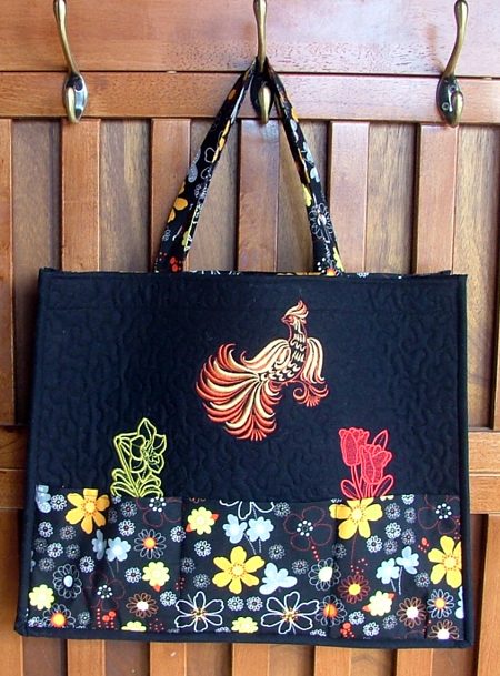 Quilted Tote Bag with Outer Pockets and Embroidered Panels image 14