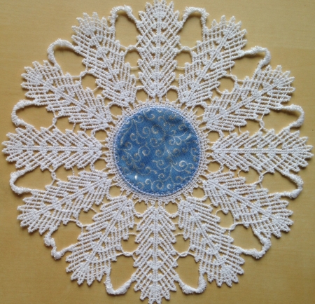 Freestanding Bobbin Lace Feather Doily with Fabric Insert image 1