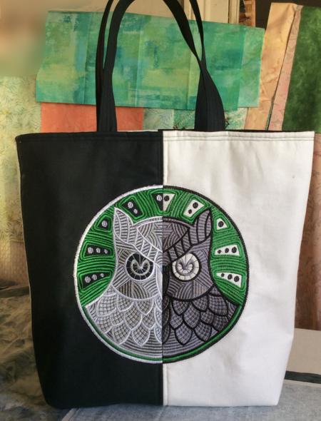 Black and White Tote Bag with Owl Embroidery image 1
