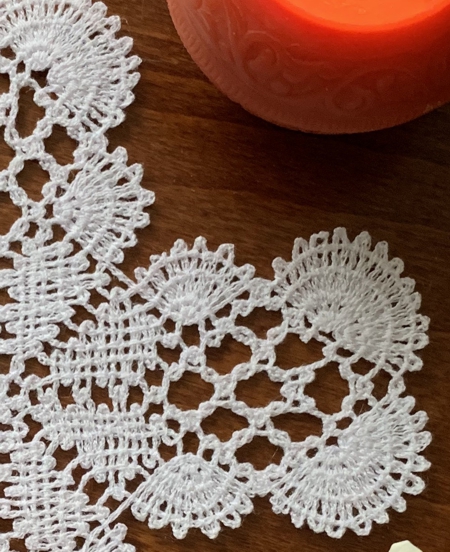 Close-up of a stitch-out of the Freestanding Bobbin Lace Cross. Design #17432