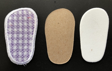 Doll shoe soles - embroidered, cardboard and foam.