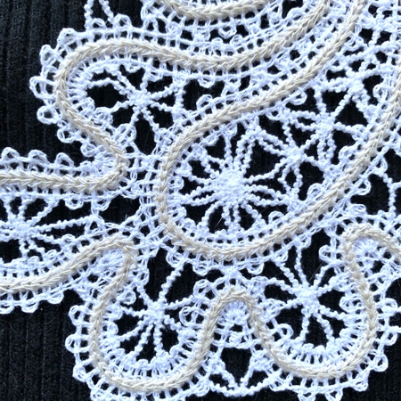 Stitch-out of the lace collar. Close-up.