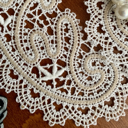 Stitch-out of the Battenberg lace collar. Close-up of the embroidery