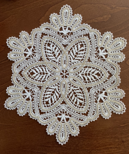 Stitch-out of the Battenberg lace doily design.