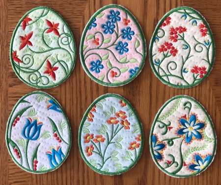 The Easter egg stitch-outs embroidered as freestanding designs.