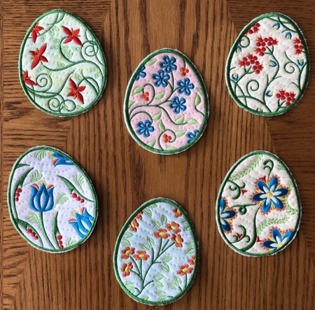 The Easter eggs stitch-outs used as coasters.