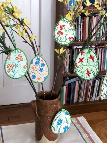 Freestanding Easter egg stitch-outs used as Easter tree ornaments.