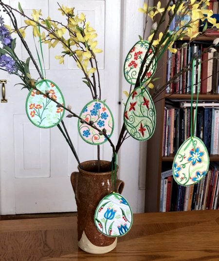 Freestanding Easter egg stitch-outs used as Easter tree ornaments.