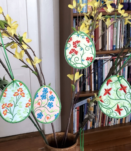 Freestanding Easter egg stitch-outs used as Easter tree ornaments.